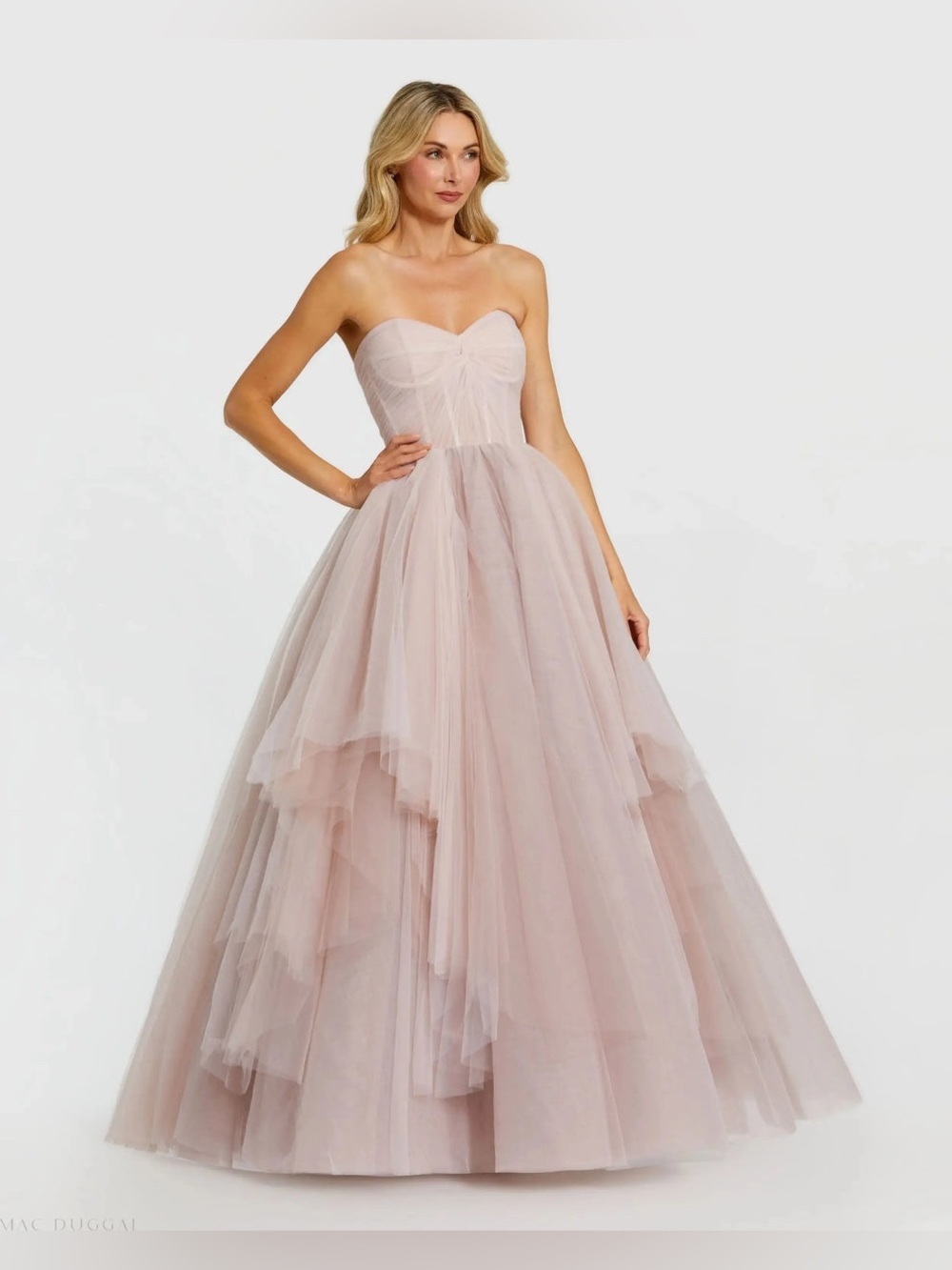 Mac Duggal Strapless Bustier Twist Top Ruffle Ballgown Porcelain Pink NWT